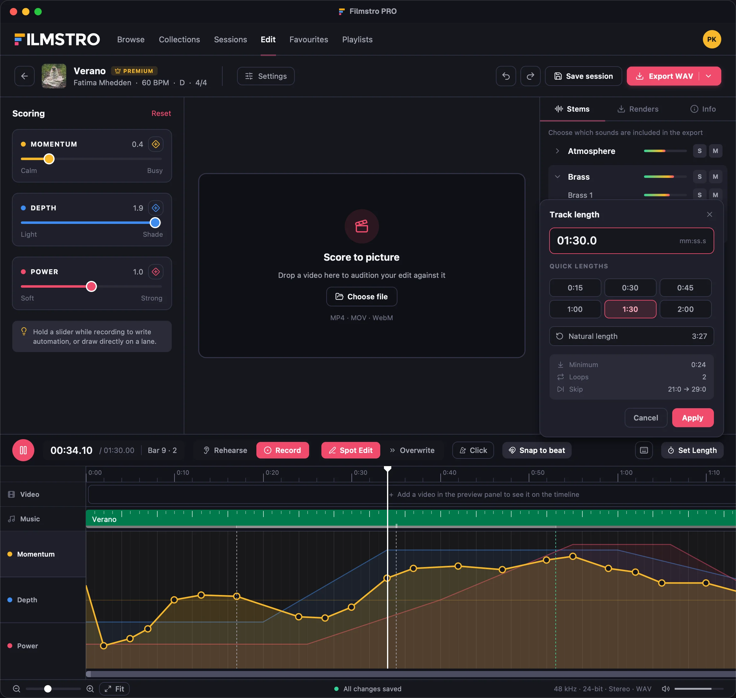 Filmstro PRO for Mac, Edit view: Scoring sliders for Momentum, Depth and Power, a Score to picture preview, the stems panel, a Track length popover and the timeline with automation lanes.