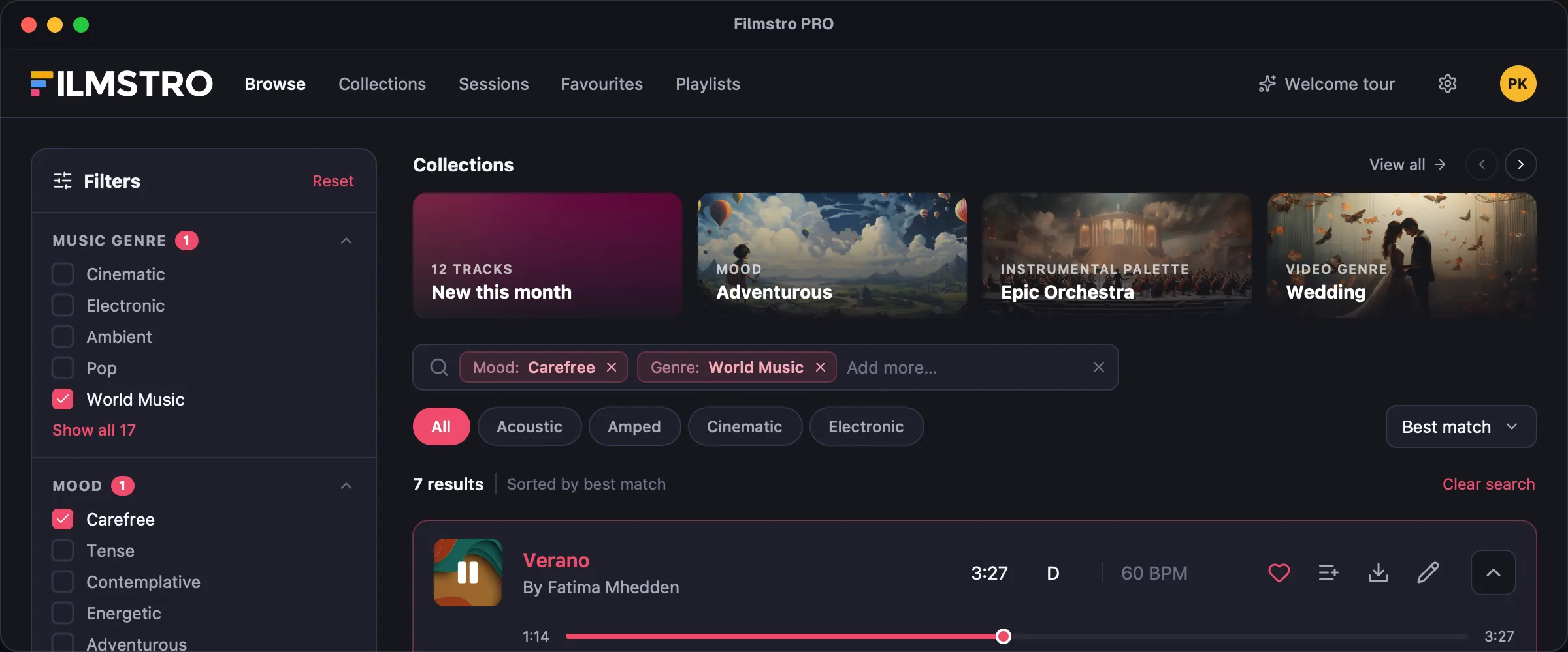 Filmstro PRO for Mac, Browse view: the music library with collections, sessions and playlists.