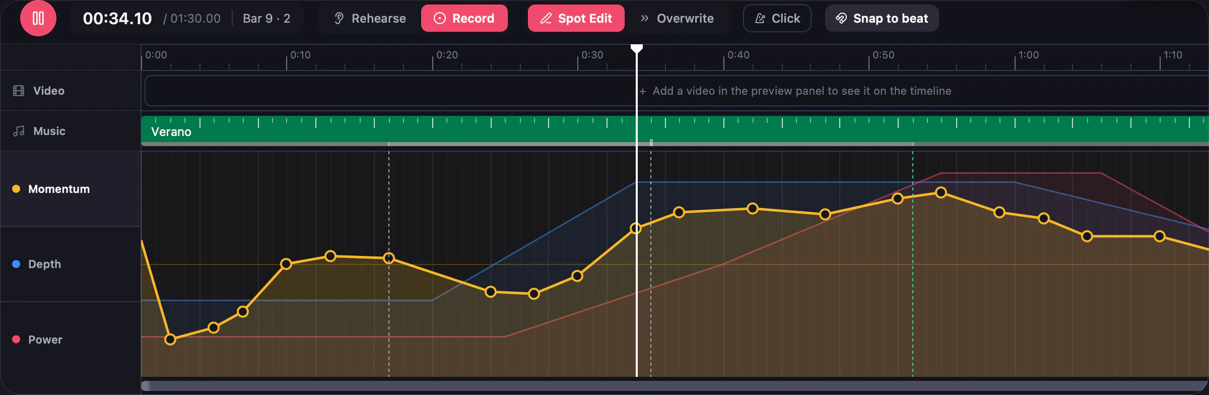 Filmstro PRO for Mac Edit view: transport controls and the Momentum, Depth and Power automation lanes on the timeline.
