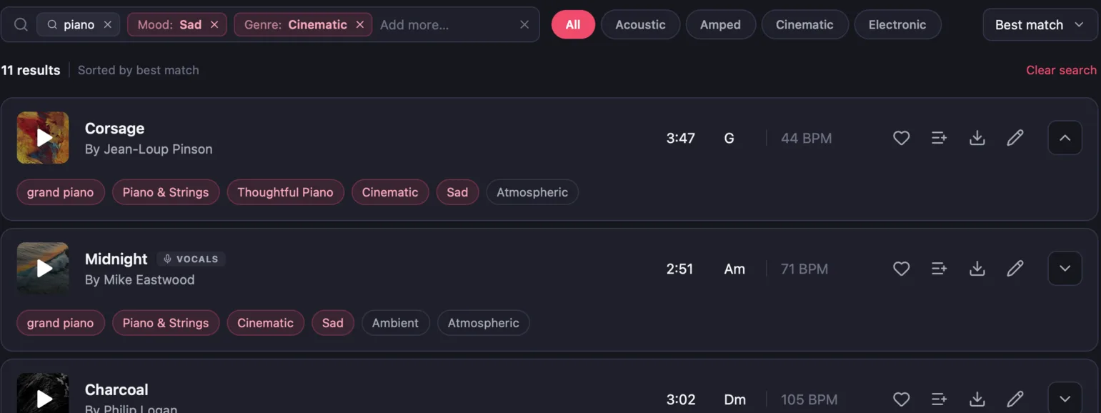 Browse view: search with Mood and Genre chips, genre filters and tagged track results