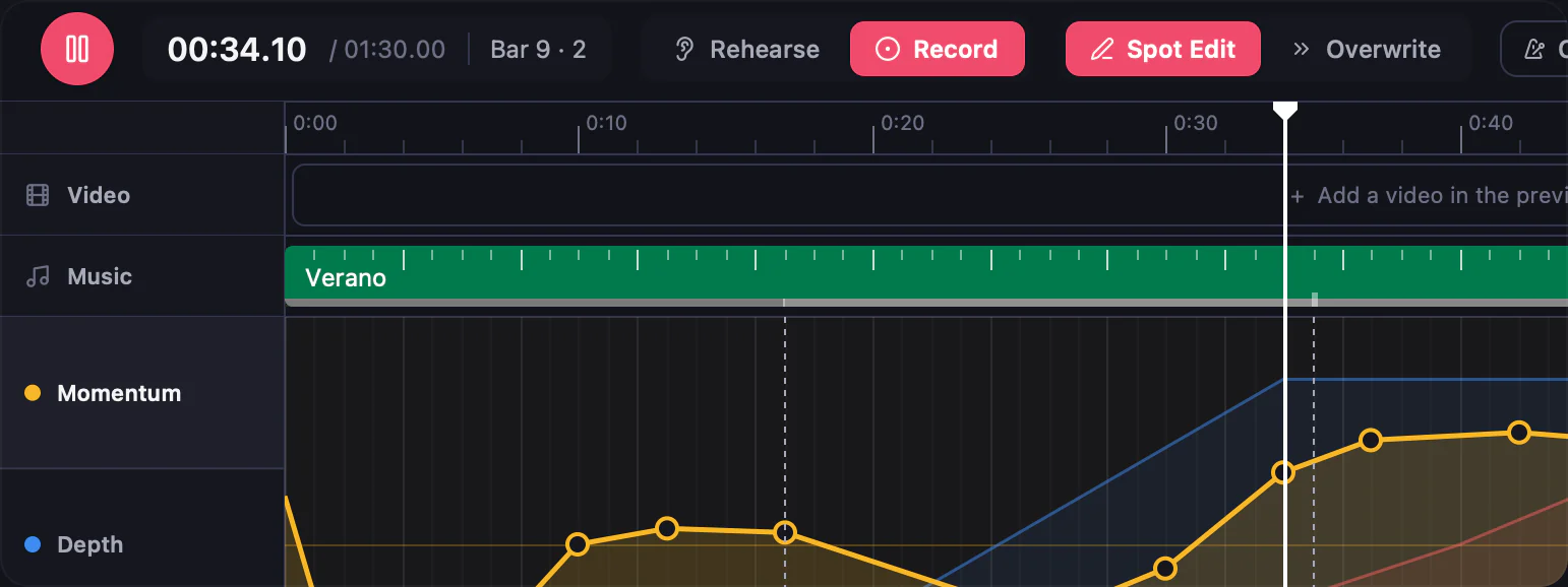Transport controls and the Momentum, Depth and Power lanes on the Edit timeline