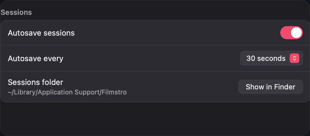 Settings Library, Sessions: Autosave sessions, Autosave every and Sessions folder