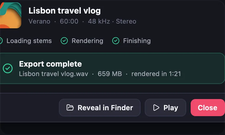 Render window with the export complete state