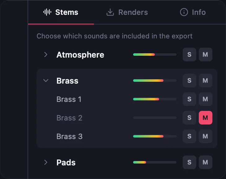 Stems panel with S and M buttons and per-stem level meters