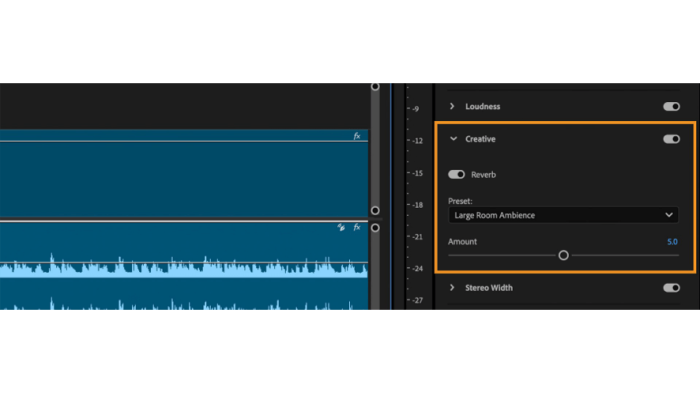 Audio effects panel with reverb in premiere