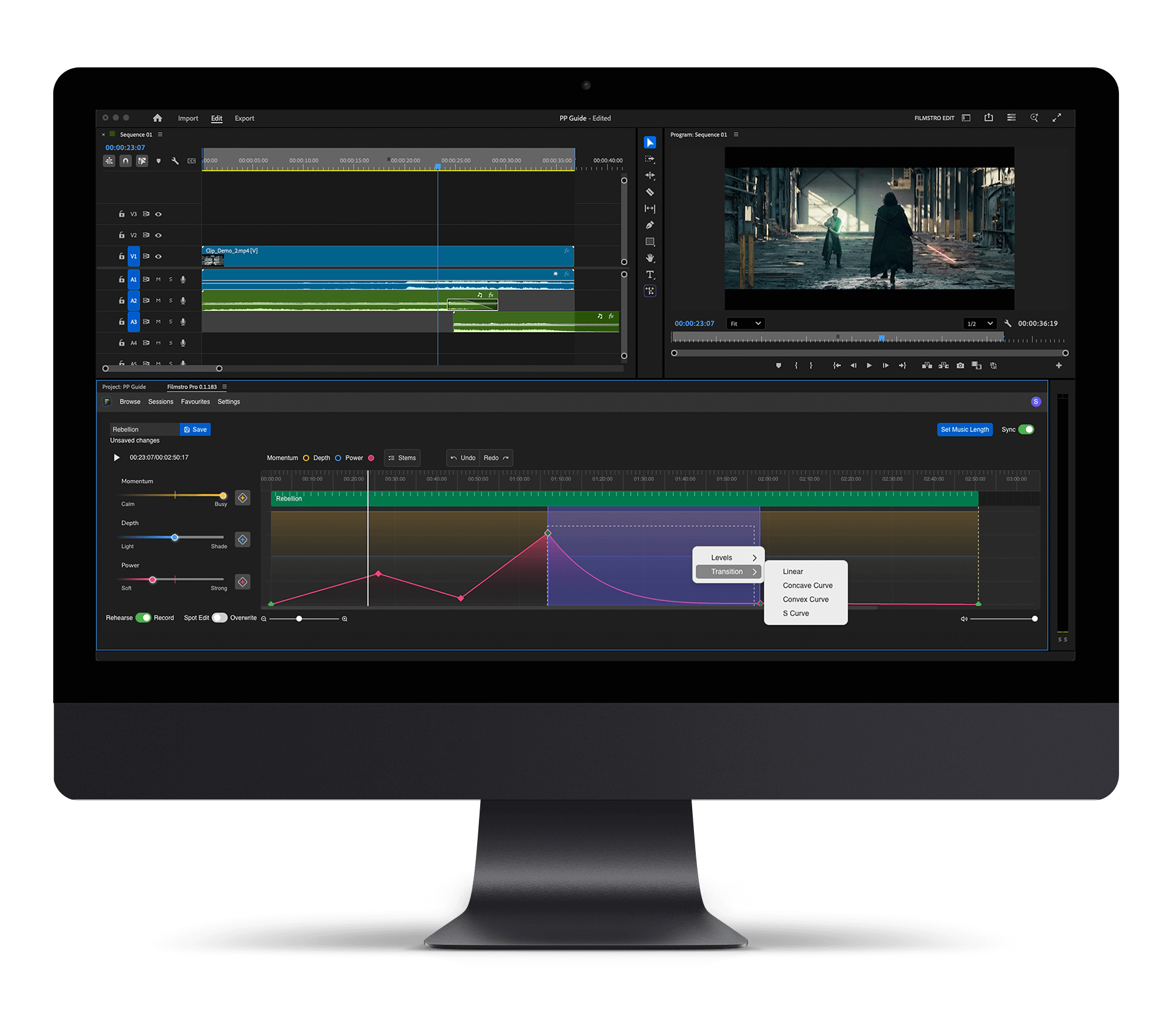 The Filmstro user interface in Adobe Premiere Pro